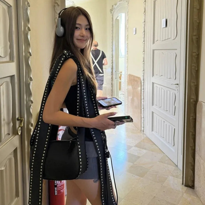 Rivet Black Bow Lace-up Zipper Bag