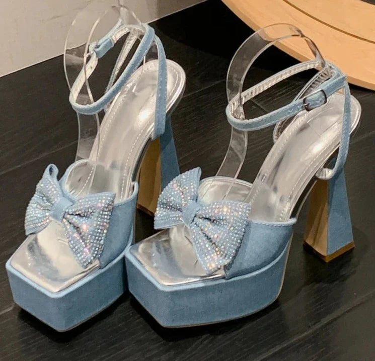 Denim Square Toe Butterfly-Knot Platform Chain Buckle Strap Shoes
