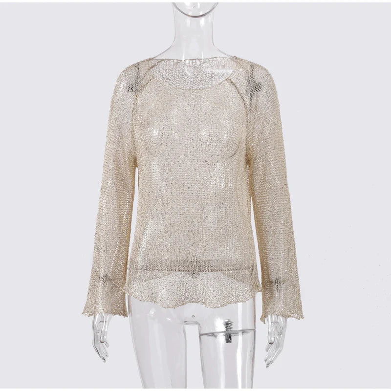 Sequin Knit Sheer Long Sleeve Blouse