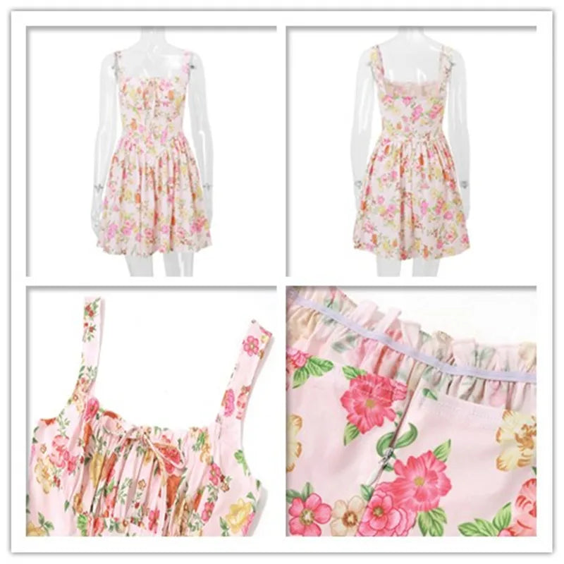 Flower Printed Open Back A-line Corset Mini Dress