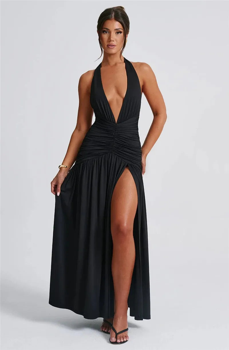 Open Back Solid Thigh High Split Long Dress
