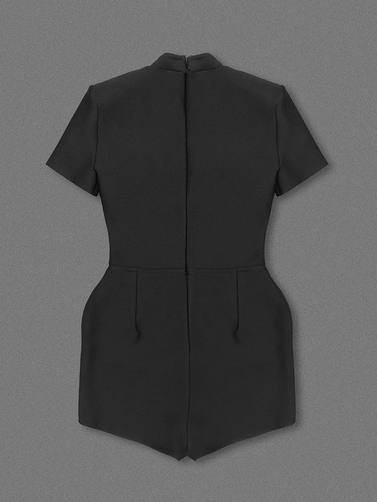 Short Sleeve Gold Button Black Jumpsuit
