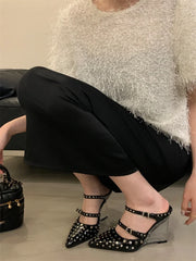 Rivet Crystal Wedges Buckle Strap Pumps Shoes