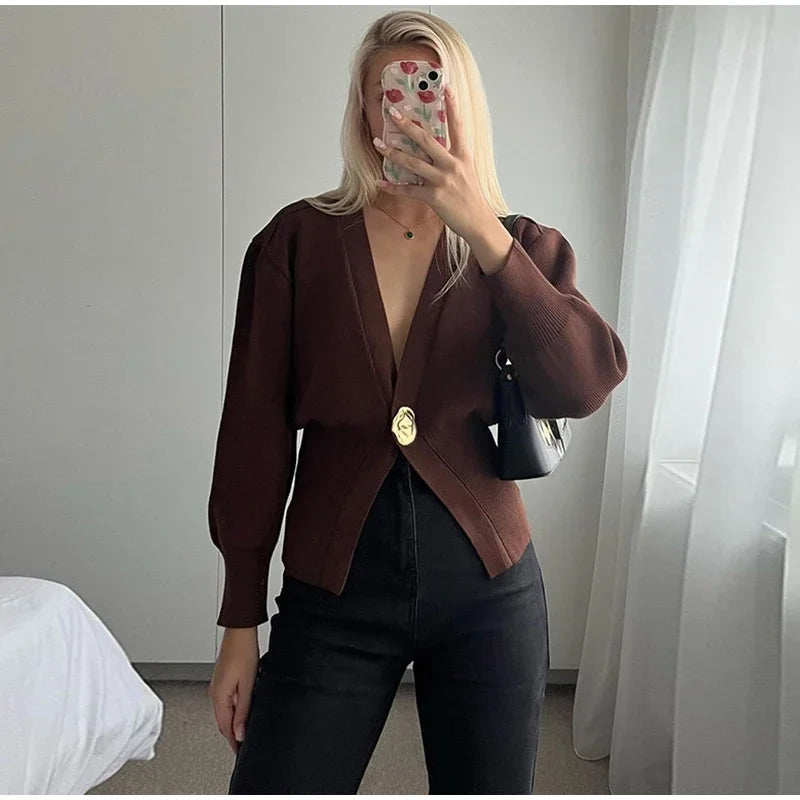 Knitted Single Button Long Lantern Sleeve Sweater