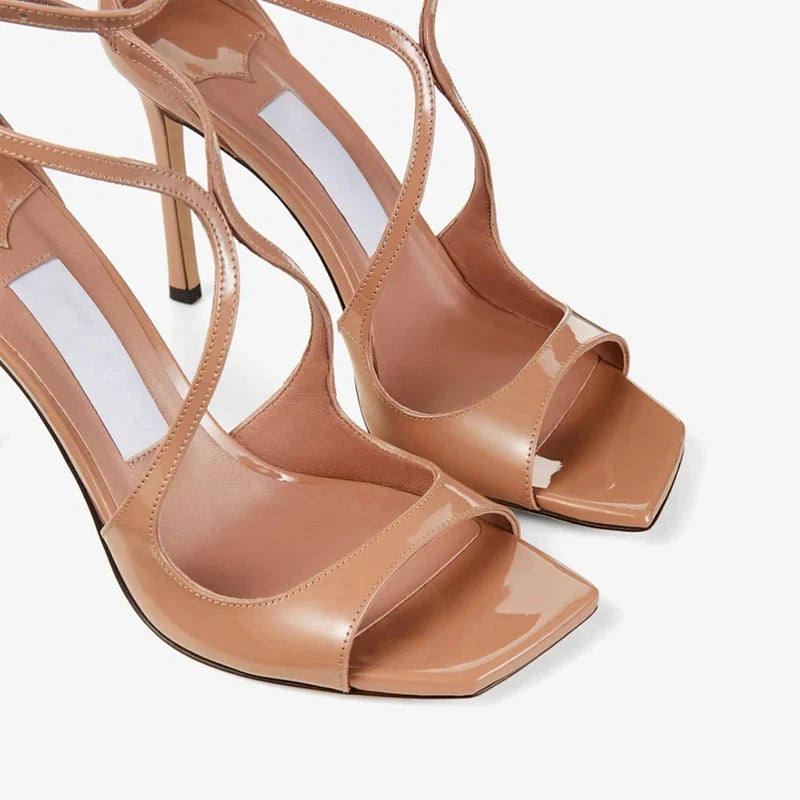 Open Toe Cross Button Elastic Belt Thin High Heel Fish Mouth Sandals