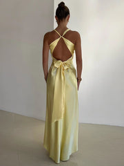 Satin V-neck Back Strappy Bow Maxi Dress
