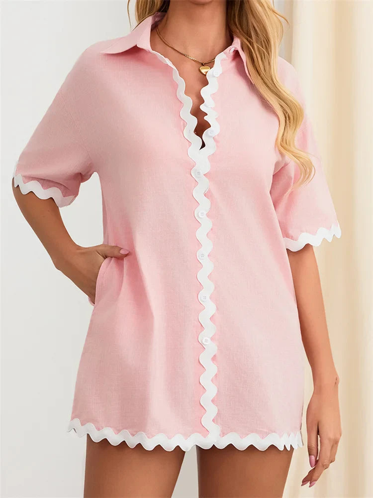 Contrast Short Sleeve Turn-Down Collar Mini Dress