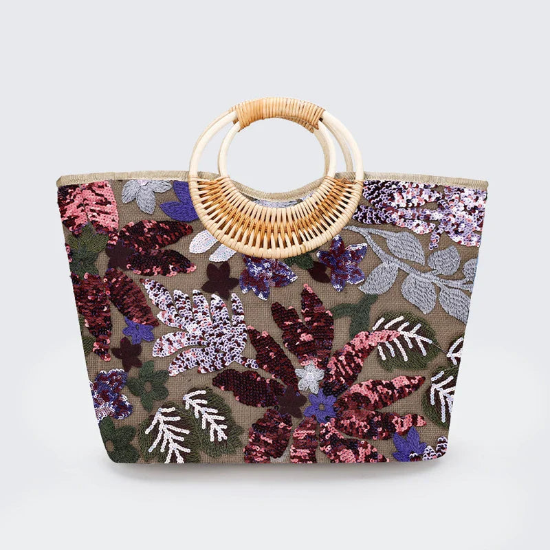 Embroidered Sequin Straw Tote Bag