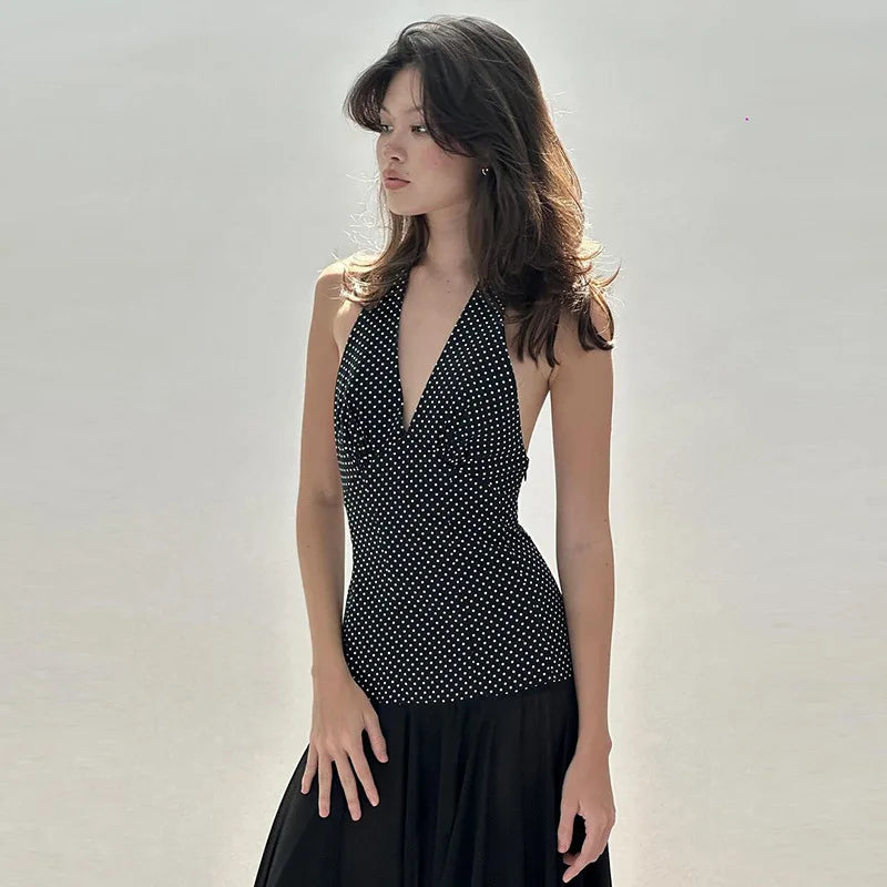 Polka Dot V-neck Fringe Maxi Dress