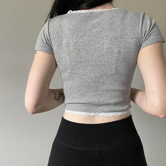 Basic Lace Spliced Buttons Crop Top