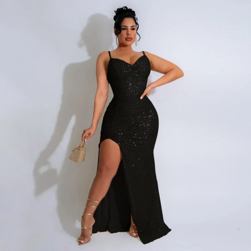 Sequined High Side Split Mermaid Maxi Dress