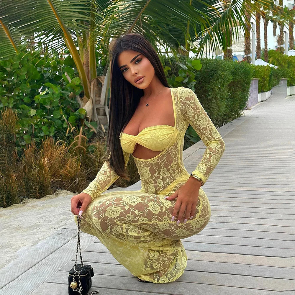Perspective Lace Hollow Out Bodycon Maxi Dress