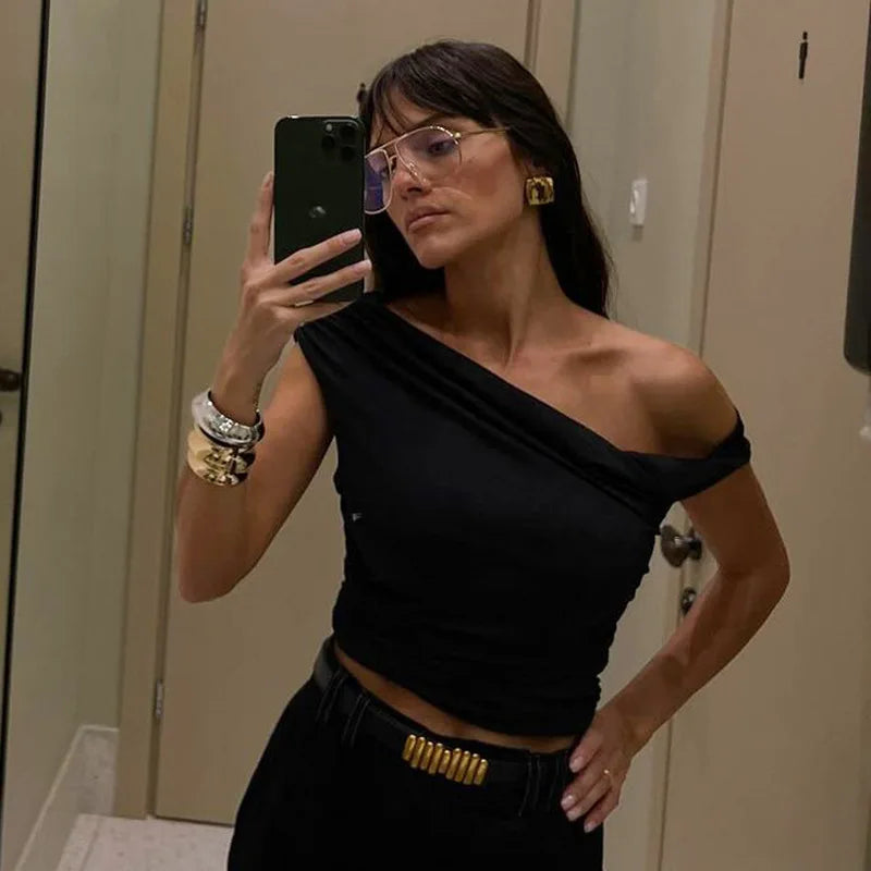 Diagonal Collar One Shoulder Asymmetrical Crop Tops