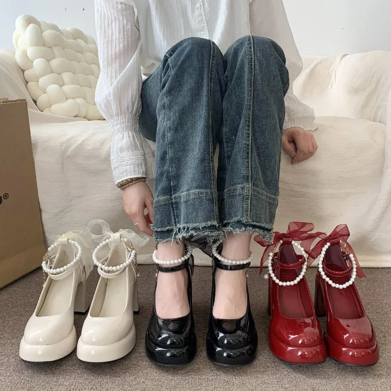 Pearl Chain Platform Block Heel Lolita Shoes
