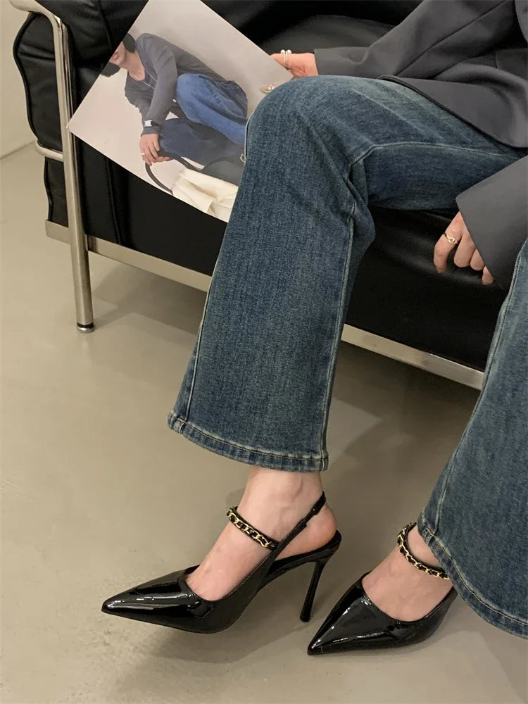 Rivet Pointed Toe Pumps Buckle Strap Thin Heels Shoes