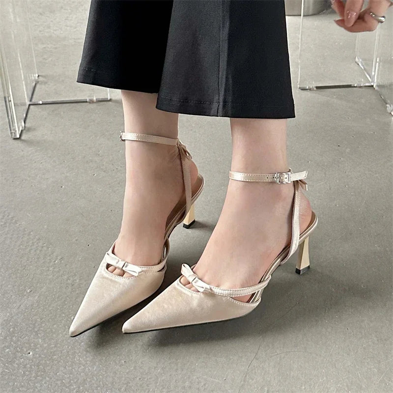 Bowknot Ankle Strap Heels Pointed Toe Mules