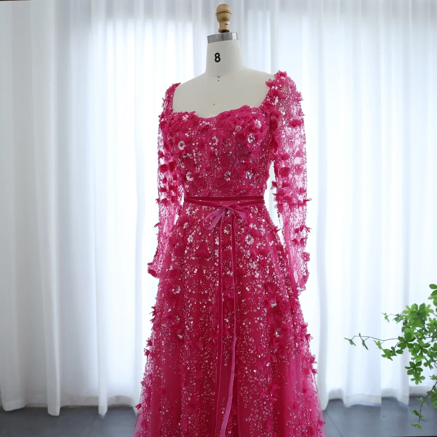 3D Floral A-Line Evening Gown Long Sleeves