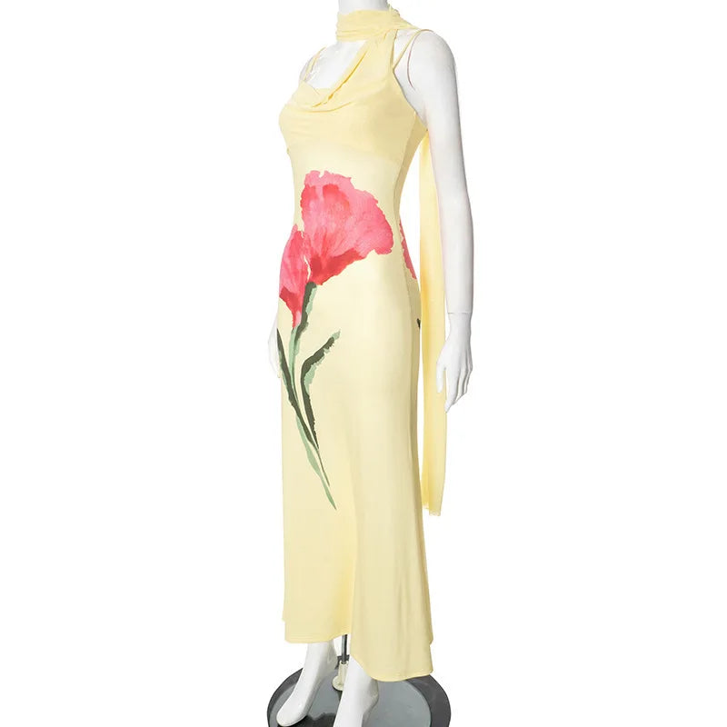 Print Yellow Spaghetti Strap Long Dress