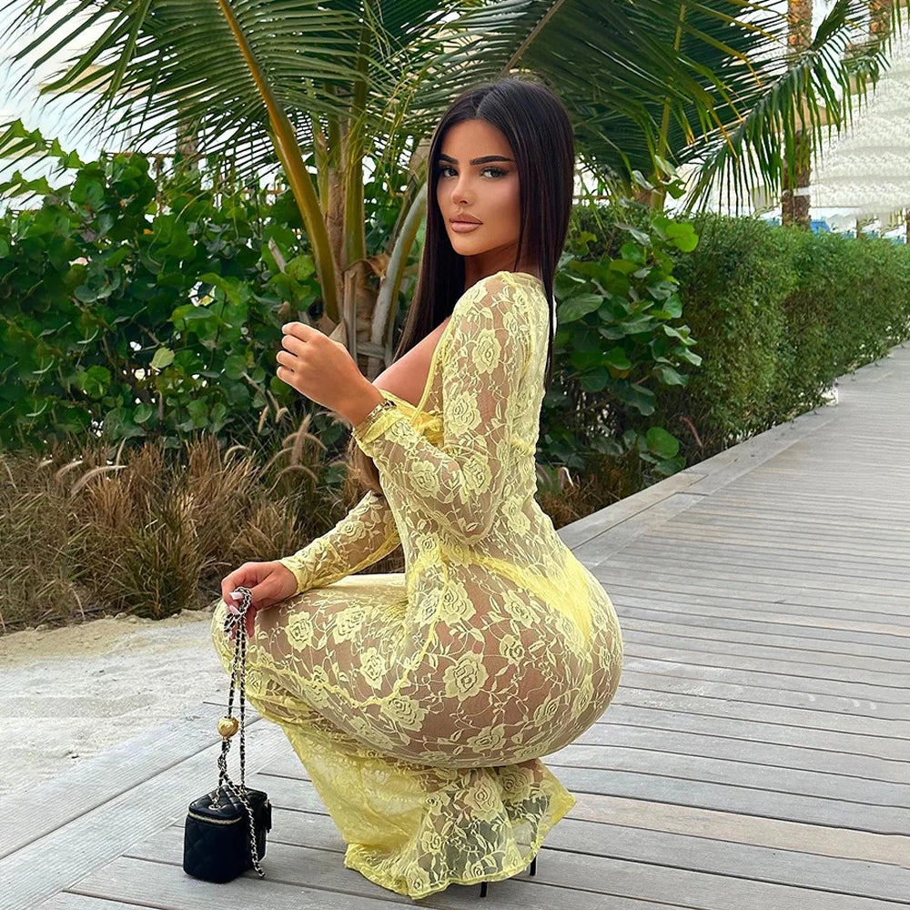 Perspective Lace Hollow Out Bodycon Maxi Dress