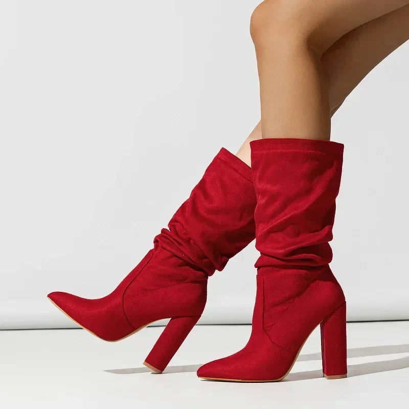 Pleated Square High Heels Ankle Boots