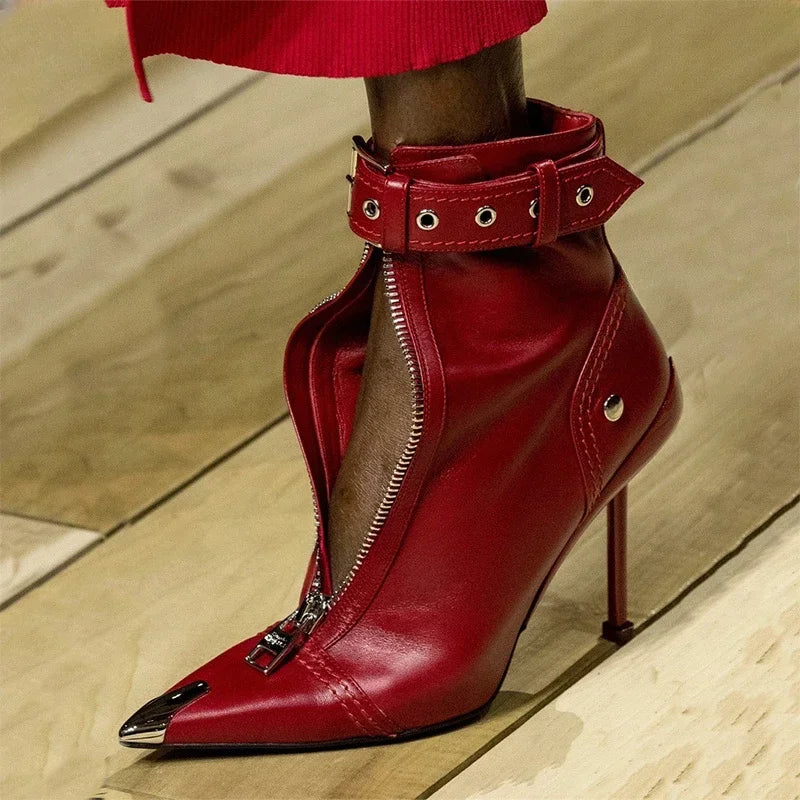 Belt Buckle Front Zipper Pointed Ankle Boots