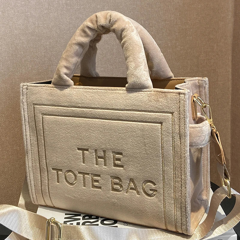 Square Velour Tote Bag with Letter Print