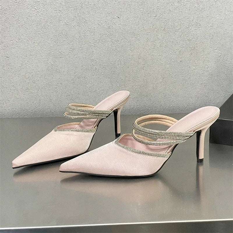 Crystal Narrow Band Pointed Toe Thin Low Heeled Shoes