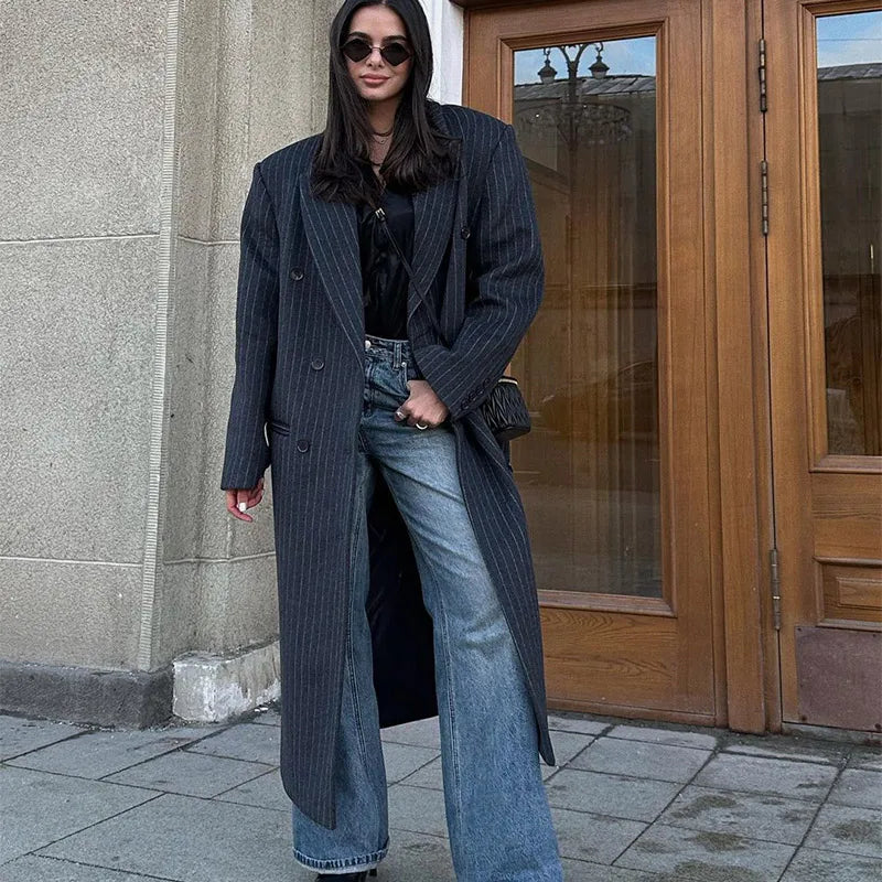 Lapel Striped Oversize Full Sleeve Long Coat