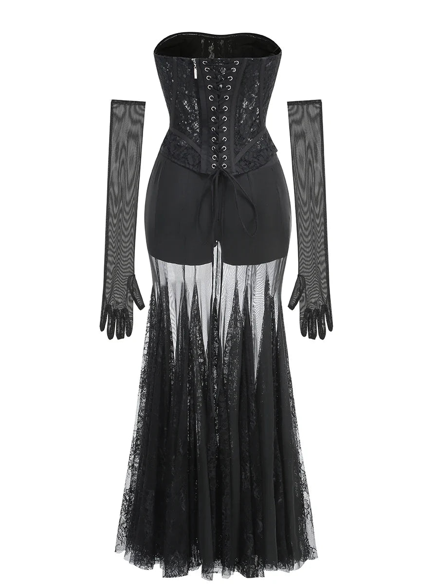Lace Corset Patchwork Skirt And Gloves Set