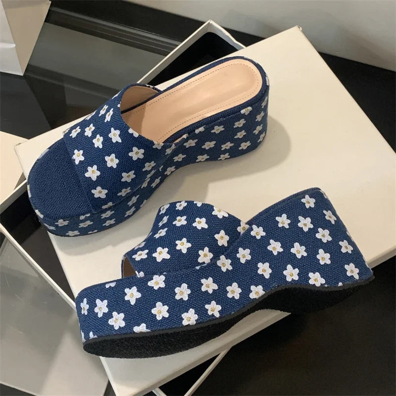 Flower Platform Wedges Open Toe Ladies Shoes