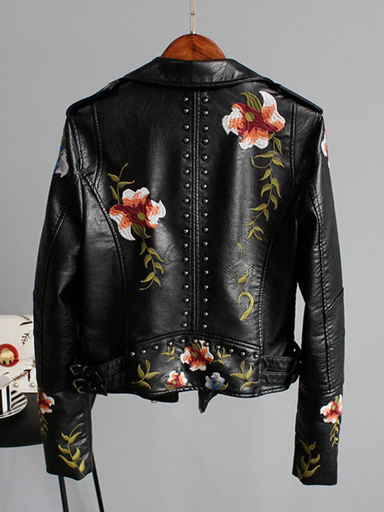 Embroidery Faux Soft Leather Rivet Jacket