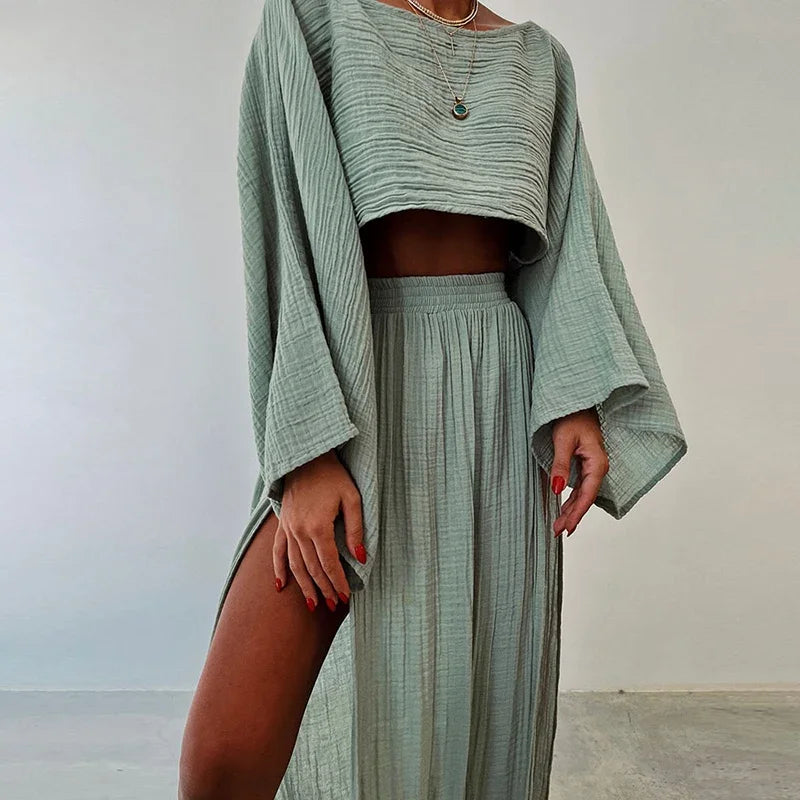 Linen Flare Sleeve Top & Slit Skirt Set