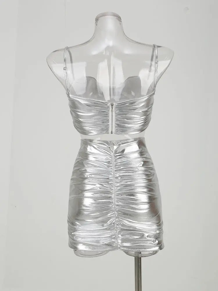2 Piece Silvery Crop Top and High Waist Mini Skirts