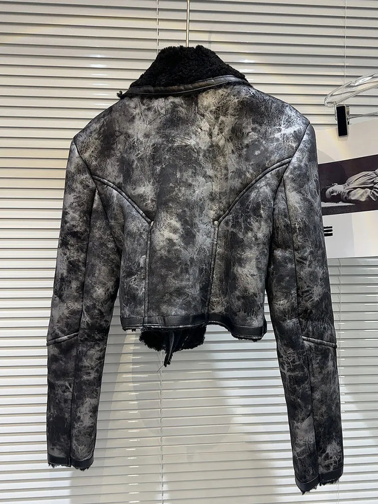 Tie Dye Fur Turn down Collar PU Leather Coat