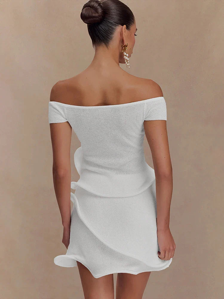 Off Shoulder Split Crop Top and Trim Mini Skirts