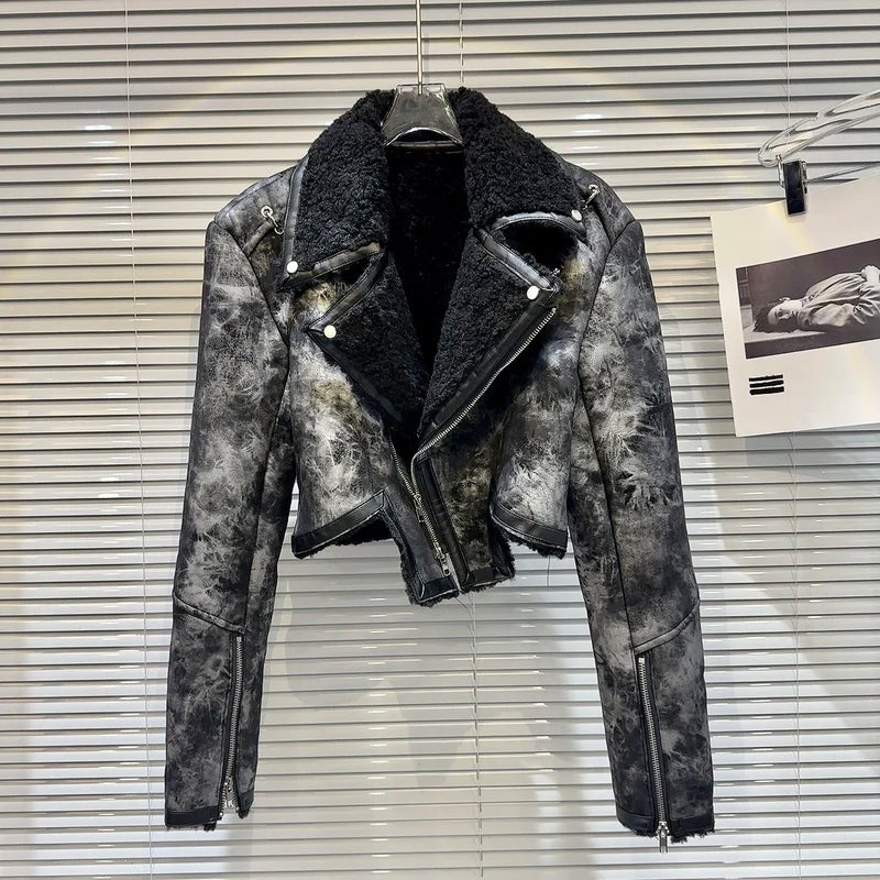 Tie Dye Fur Turn down Collar PU Leather Coat