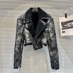 Tie Dye Fur Turn down Collar PU Leather Coat