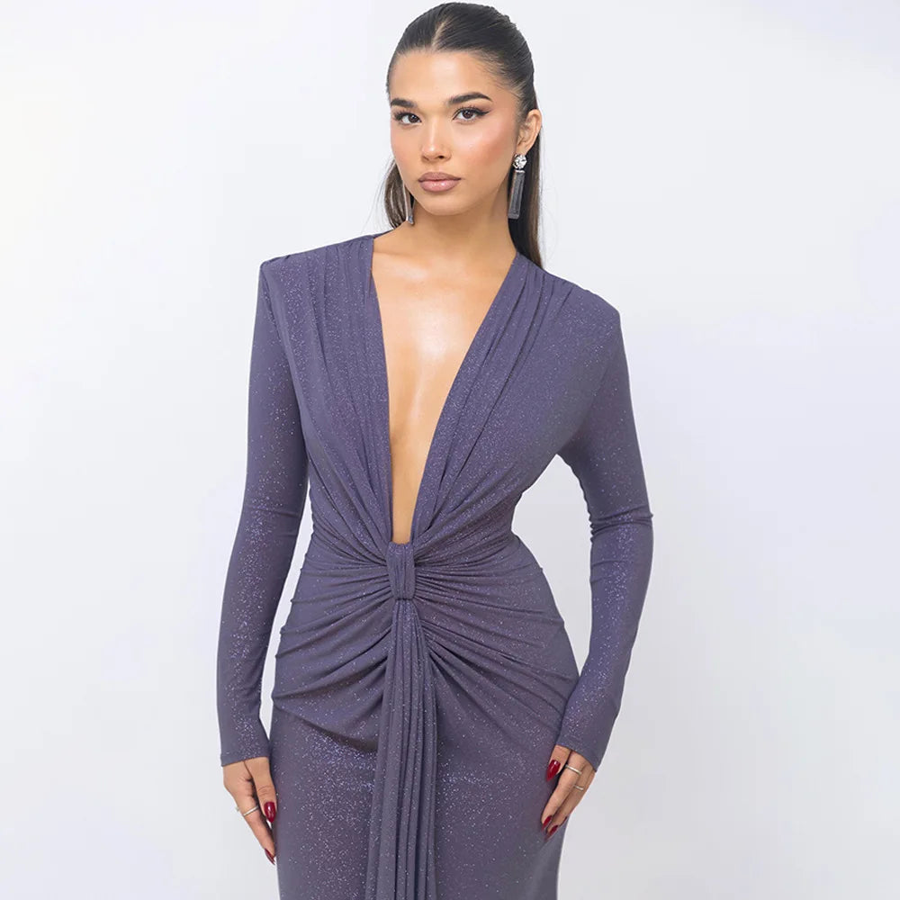 Elastic Deep V-Fold Lace Maxi Dress
