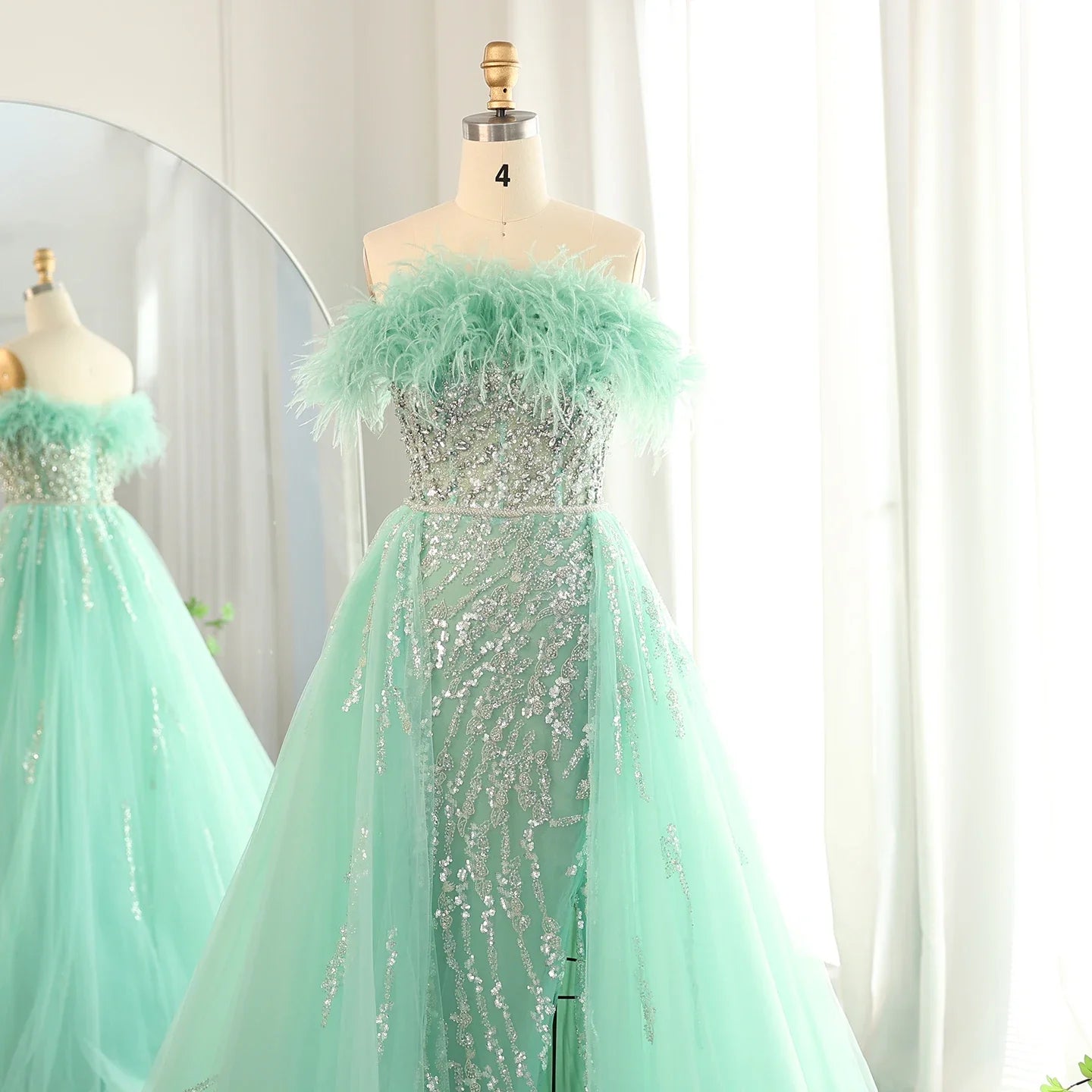 Feathers Off-shoulder Side Slit Overskirt Party Dress