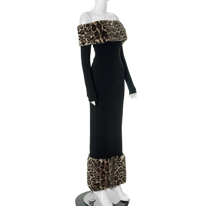 Leopard Print Fluff Splicing Maxi Dress