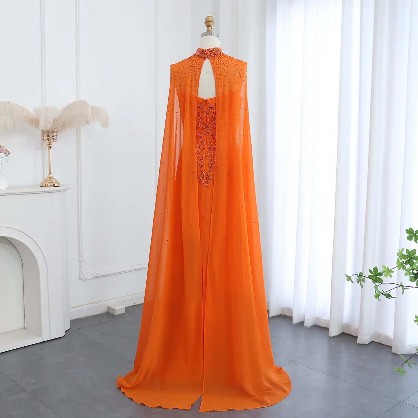 Orange Evening Dress with Cape Sleeves