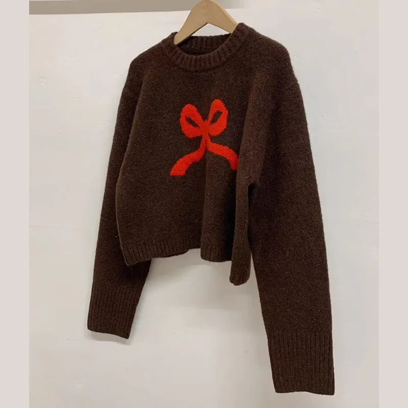 Cute Bow Knitted O neck Long Sleeve Sweater