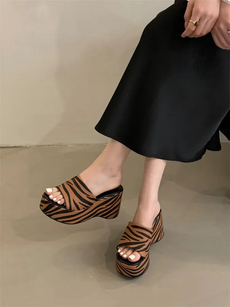 Zebra Stripes Thick Bottom Heels Banquet Slides Shoes