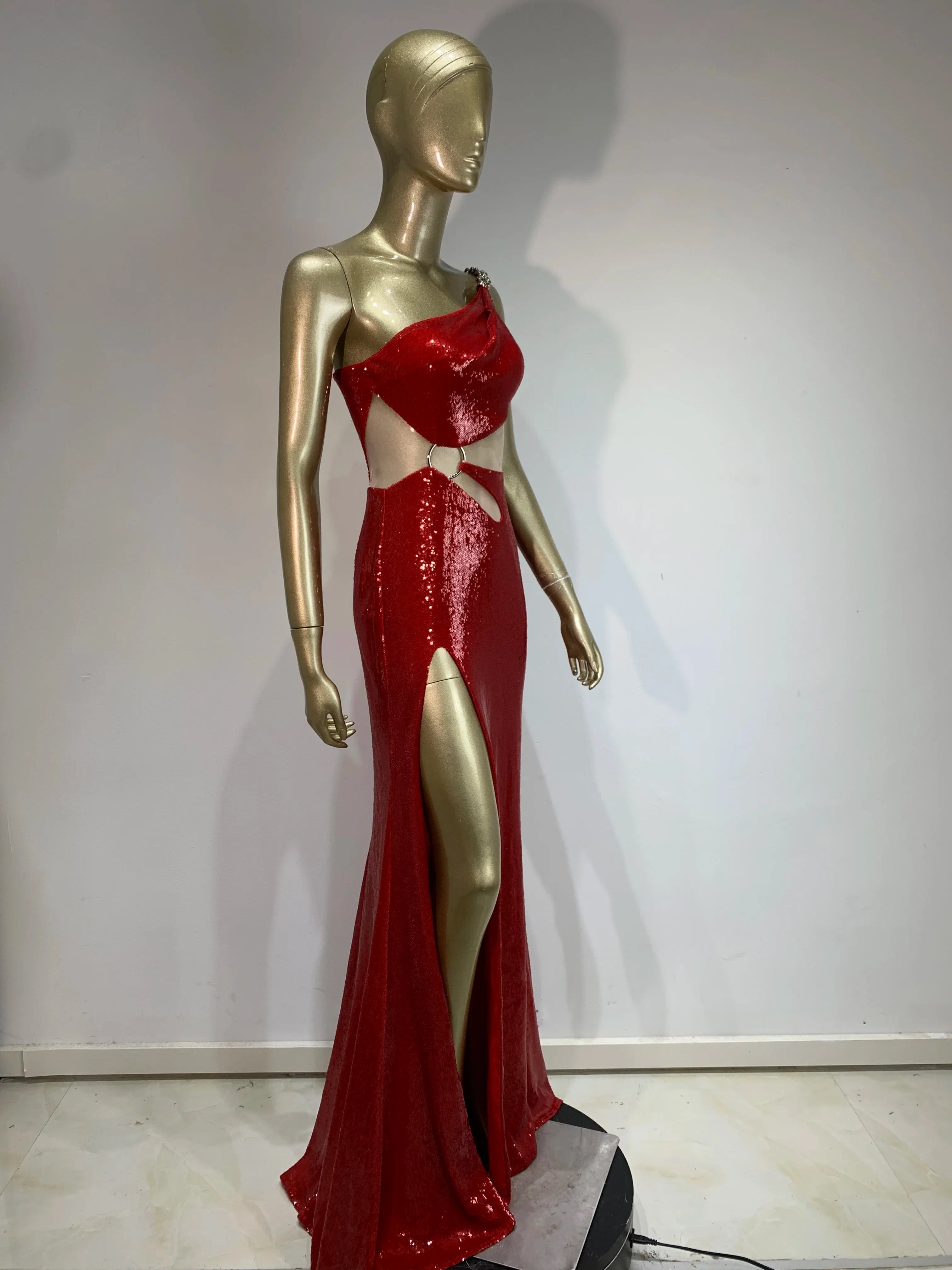 One Shoulder Mesh Sequins Red Maxi Dress