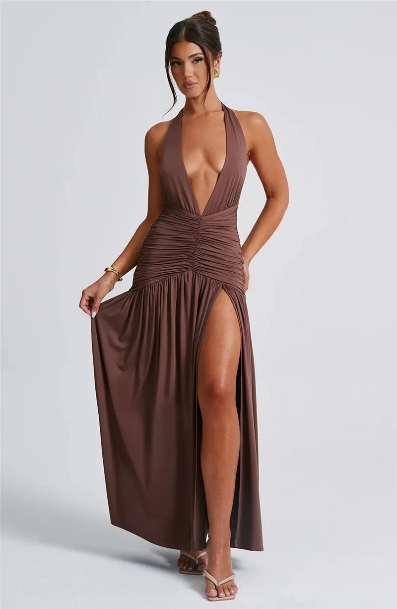 Open Back Solid Thigh High Split Long Dress