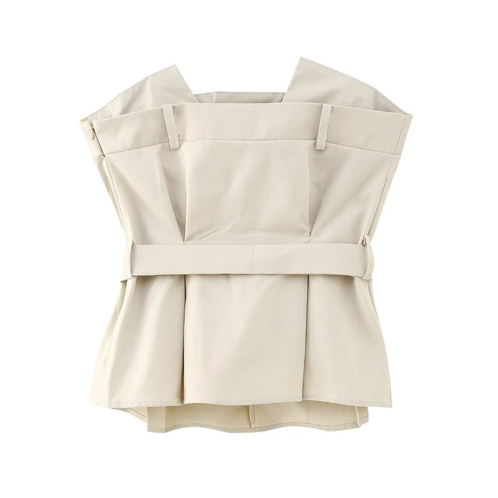 Beige Sleeveless Belted Top
