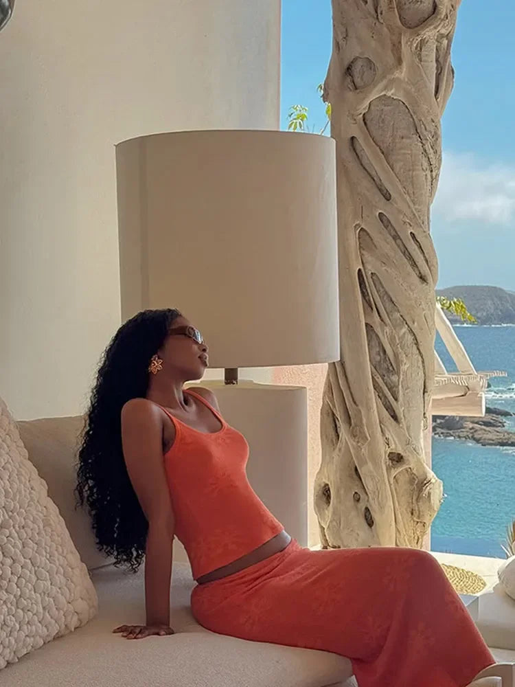 Orange Printed Square Neck Top and Long Skirt Suit