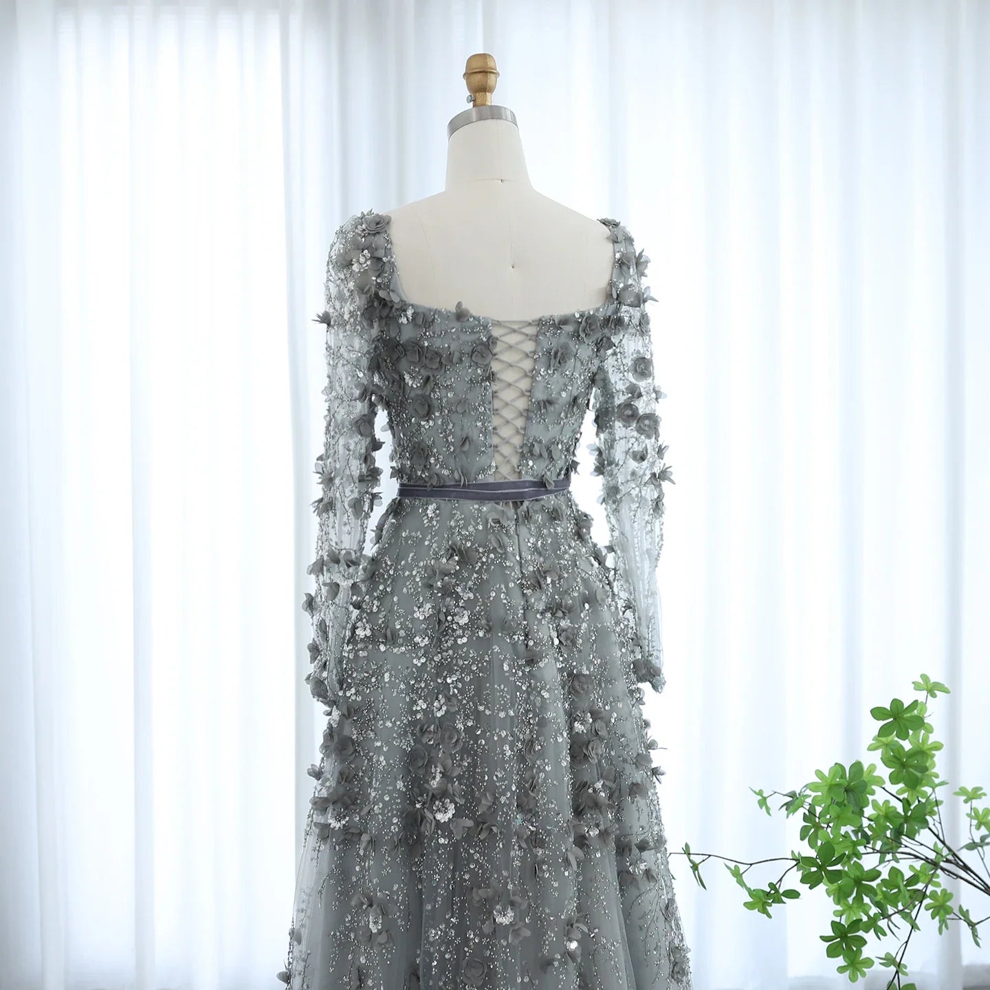 3D Floral A-Line Evening Gown Long Sleeves
