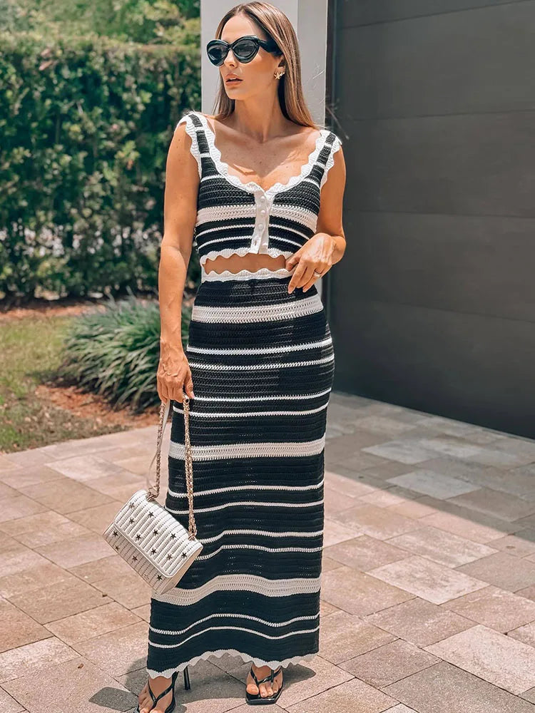 Striped Contrast Knitted Top and Long Skirt Set