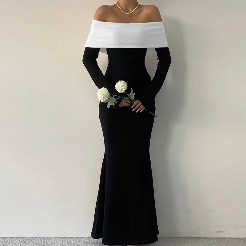 Black & White Off-the-Shoulder Maxi Dress with Long Sleeves